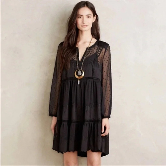 Anthropologie Vanessa Virginia Sheer Lace black Boho Long Sleeve Dress Size 0 - Picture 1 of 11
